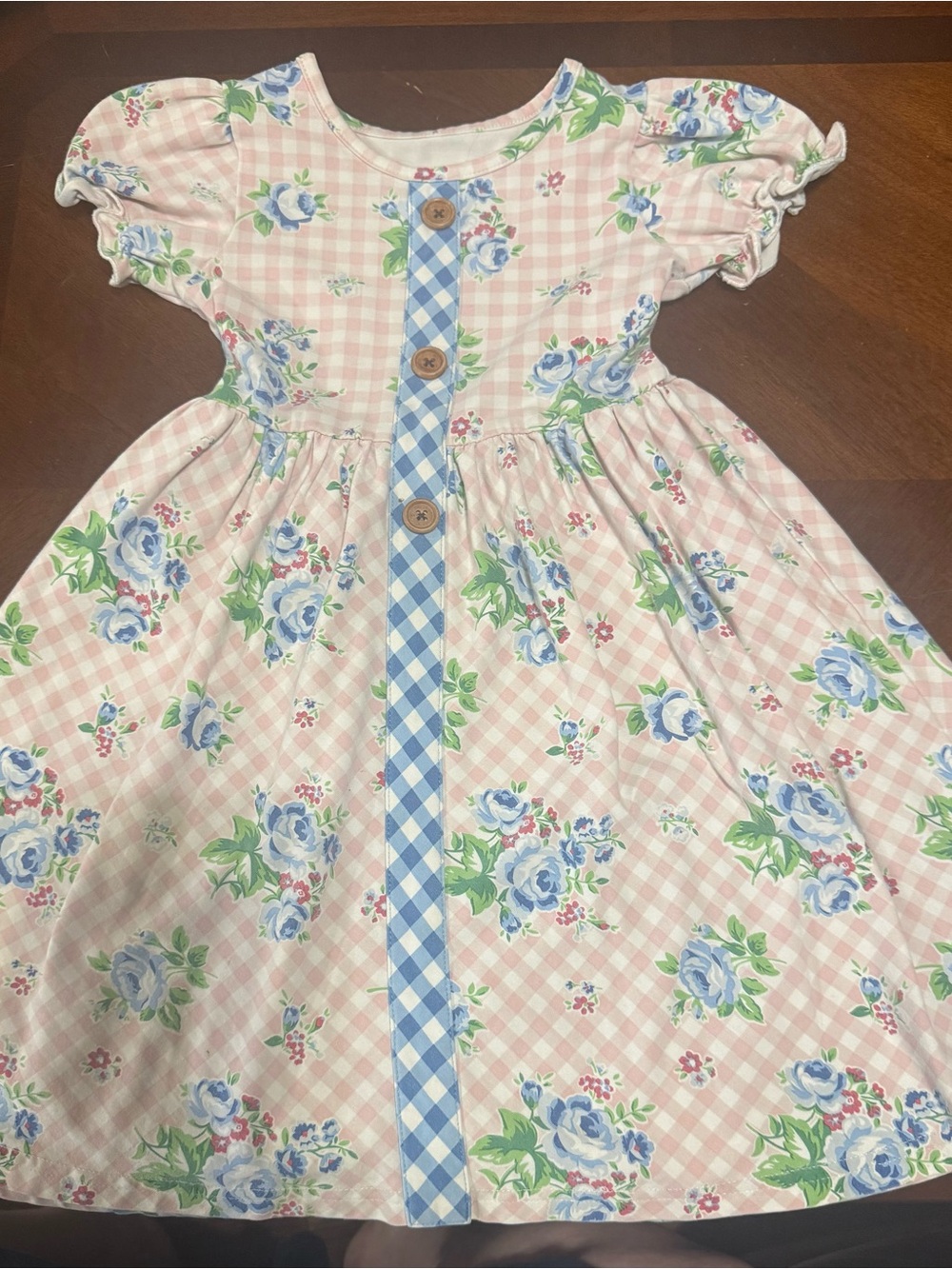 Olive Mae Boutique Pink Gingham Dress with Blue Floral Print